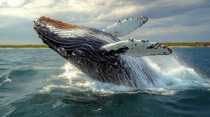 Fototapeta premium Humpback Whale breaching the ocean surface, a majestic display of aquatic wildlife nature