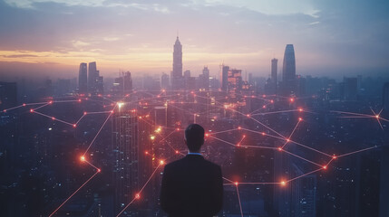 Smart digital Innovation city with connection network reciprocity over the cityscape. of future smart wireless digital city and social media networking systems that connects people with in city