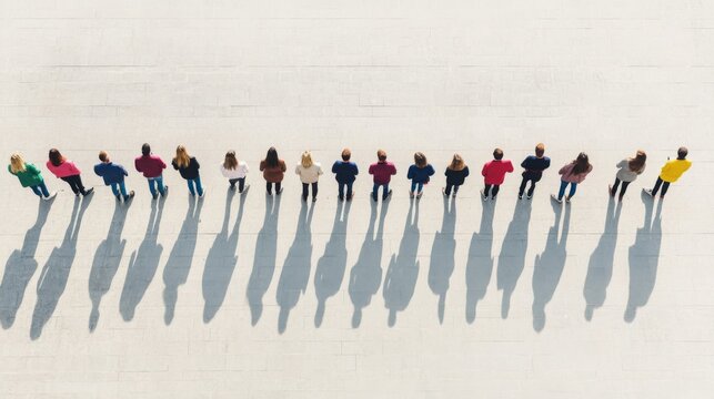 Aerial view of diverse people standing in a line, casting shadows on a light surface.