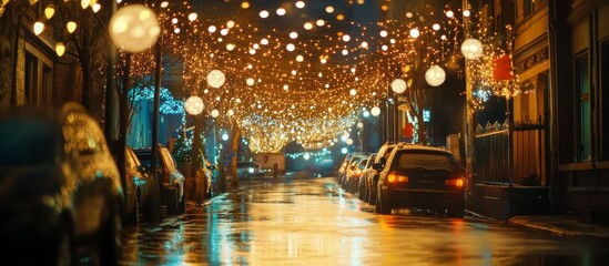 Obraz premium Rainy Night, City Street, Christmas Lights, Cars, Festive