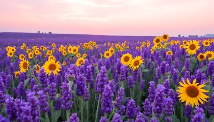 Sunflowers and Lavender Field at Sunset