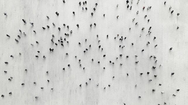 Aerial view of many people walking on a light gray surface.
