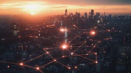 Fototapeta premium Smart digital Innovation city with connection network reciprocity over the cityscape. of future smart wireless digital city and social media networking systems that connects people with in city