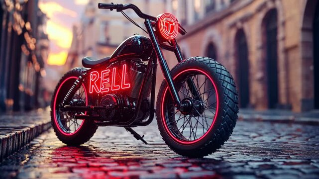 Custom motorcycle with neon lights parked on cobblestone street at sunset