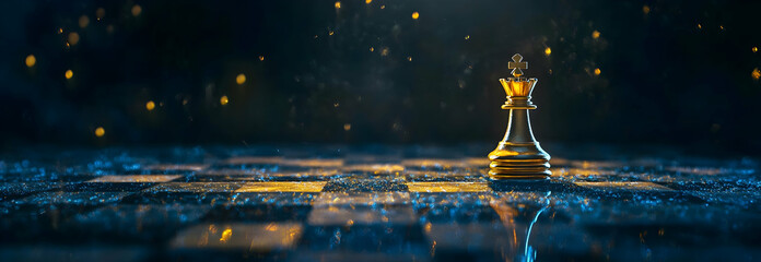 A solitary golden queen chess piece standing on a dark chessboard, symbolizing leadership and strategy