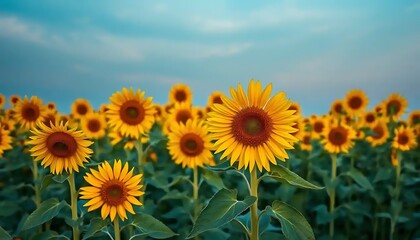 Sunflowers bloom in a vibrant summer field