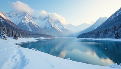 Winter morning with a frozen lake in the distance and snow-covered mountains, icy, lake