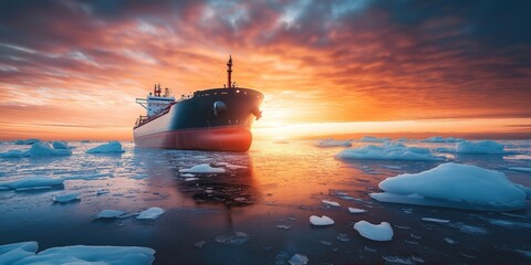 Fototapeta premium LNG tanker is sailing through a frigid ocean at sunset, with icebergs and a dramatic, fiery sky creating a captivating scene of maritime industry and environmental challenges