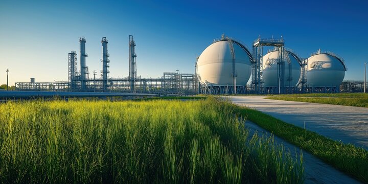 LNG terminal featuring spherical storage tanks, distillation columns, and pipelines, nestled in lush green grass under a clear blue sky at sunset, highlighting natural gas infrastructure