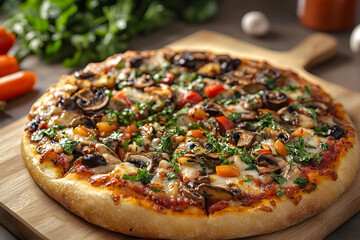 Freshly Baked Vegetable Pizza with Mushrooms and Herbs on Wooden Board  