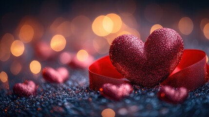 Obraz premium red ribbon forming a heart shape, surrounded by soft glowing hearts, warm light creating a romantic and tender atmosphere