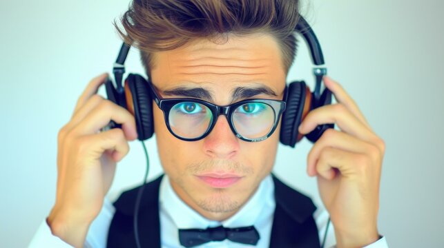 A cheerful male operator sets up his headphones, ready to assist callers with a friendly demeanor in the office space.