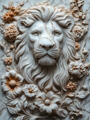 Obraz premium Marble lion head floral relief wall art decor