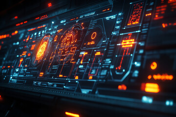 Advanced glowing digital interface with futuristic orange and blue HUD elements.