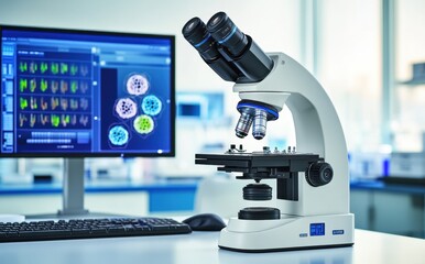 A close-up of an advanced microscope with a vibrant digital display, set against the backdrop of modern laboratory equipment and glassware. The focus is on intricate details like tiny, colorful cells 