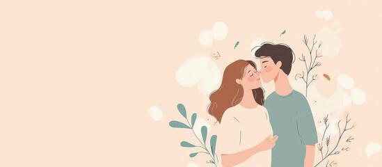 Loving Couple Kissing, Pastel Background, Romantic Illustration