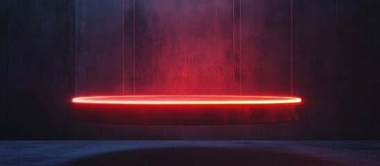 Futuristic Red Neon Floating Podium in Dark Room