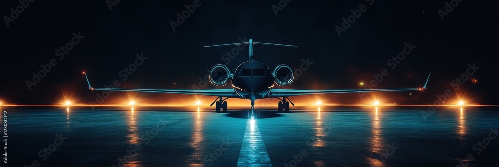 Poster airplane on illuminated runway at night surrounded by bright navigation lights and a clear sky. gene
