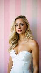 Fototapeta premium Young woman with wavy blonde hair posing in a white strapless dress against a pastel striped backgro