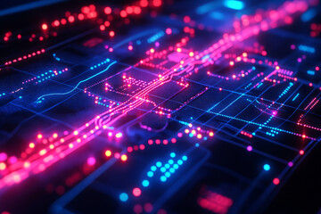 Fototapeta premium Neon glowing map with pink and blue lights, futuristic technology and urban aesthetics.