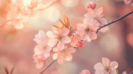 Fototapeta premium Pink Cherry Blossoms in Soft Sunlight Spring Floral Macro Photography
