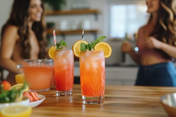 Making delicious homemade cocktails with friends in a cozy kitchen during a sunny afternoon