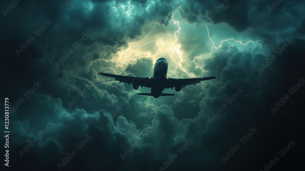 Poster airplane navigates through turbulent storm clouds amid lightning and strong winds during a challengi