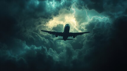 Naklejka premium Airplane navigates through turbulent storm clouds amid lightning and strong winds during a challenging flight. Generative AI