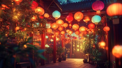 Red And Colorful Lanterns Illuminate Night Pathway In Asian Temple Garden