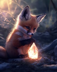 Obraz premium Cute fox cub holding crystal, forest sunset, fantasy art