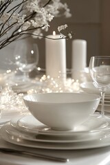 An elegant table setting with white plates and soft lighting, creating a warm, inviting dining atmosphere.