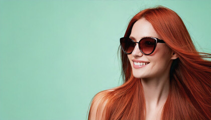 Naklejka premium Elegant Portrait of a Smiling Woman with Pastel Background and Studio Lighting