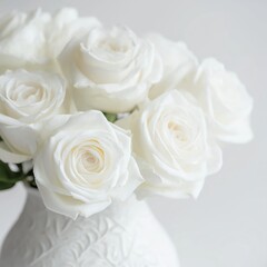 A beautiful arrangement of soft white roses elegantly placed in a designed vase captures pure beauty.