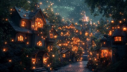 Enchanting village at night, illuminated by warm lights and lanterns, nestled among lush greenery under a starry sky.