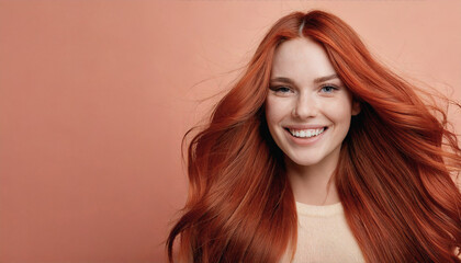 Fototapeta premium Elegant Portrait of a Smiling Woman with Pastel Background and Studio Lighting