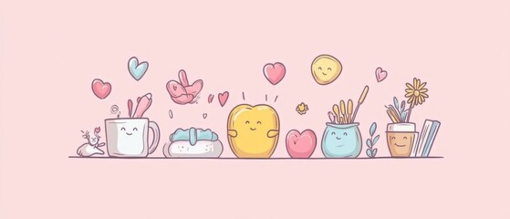 Fototapeta premium Happy Office Supplies Smiling on Shelf Pastel Pink Background