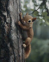 Cute squirrel climbing tree, forest background, nature scene