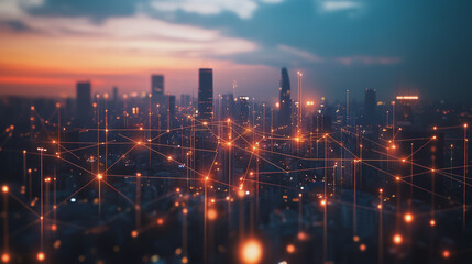 Fototapeta premium Smart digital Innovation city with connection network reciprocity over the cityscape. of future smart wireless digital city and social media networking systems that connects people with in city