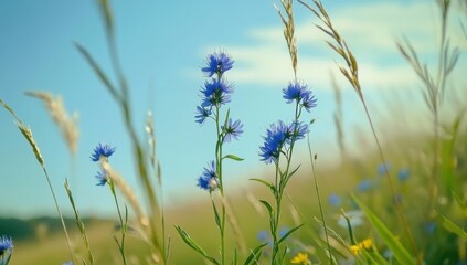 Obraz premium A close-up of wildflowers in the foreground, with tall grasses and blue sky in soft focus behind them. The sunlight is warm and golden against the greenery, creating an ethereal atmosphere. 