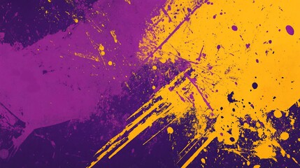 Abstract paint splatter background with vibrant yellow and purple color palette for designs