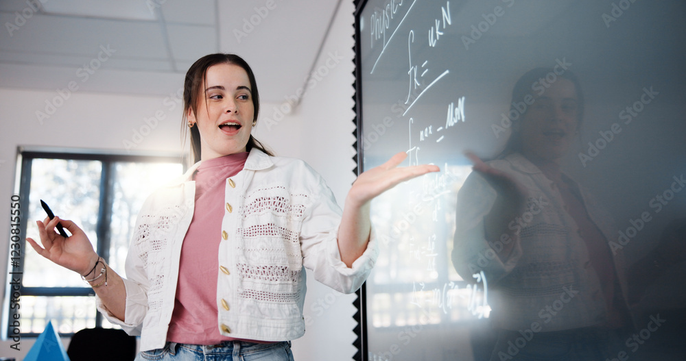 Aufkleber education, woman and student by board in classroom explaining science equation at college. revision,