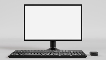 Fototapeta premium A minimalist composition featuring a black desktop computer with a blank white screen. The image evokes concepts of productivity, technology, and modern workspaces.