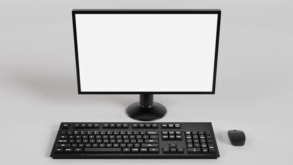 3d rendering of a black desktop computer with a blank white screen. The image evokes concepts of productivity, technology, and modern workspaces.