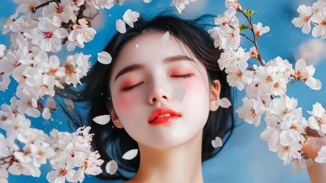 Ethereal woman among blossoms, radiating grace and creativity in a soft, dreamy light, perfect for artistic portraits.