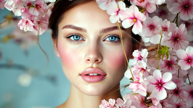 Ethereal woman among blossoms, radiating grace and creativity in a soft, dreamy light, perfect for artistic portraits.