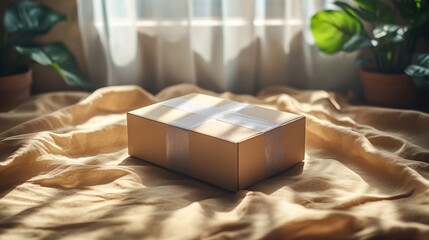 box mockup with tape, showcasing the boxs design and the realistic appearance of the tape, soft shadows enhancing the details 