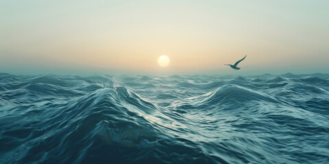 Tranquil ocean waves under a soft sunset sky with a lone seagull soaring above, creating a peaceful and serene seascape