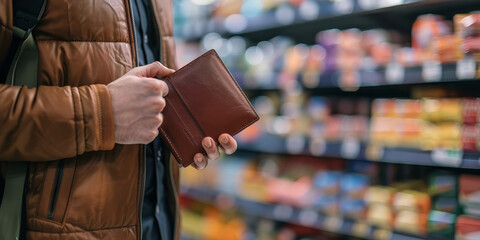 Man holding a brown leather wallet in a supermarket aisle, surrounded by blurred shelves of colorful products, creating a shopping and financial concept