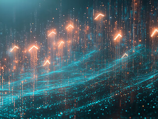 Abstract digital art depicting glowing upward arrows rising from a dynamic, teal particle field. Ideal for illustrating growth, success, technology, data visualization, or futuristic concepts.