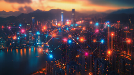 Smart digital Innovation city with connection network reciprocity over the cityscape. of future smart wireless digital city and social media networking systems that connects people with in city